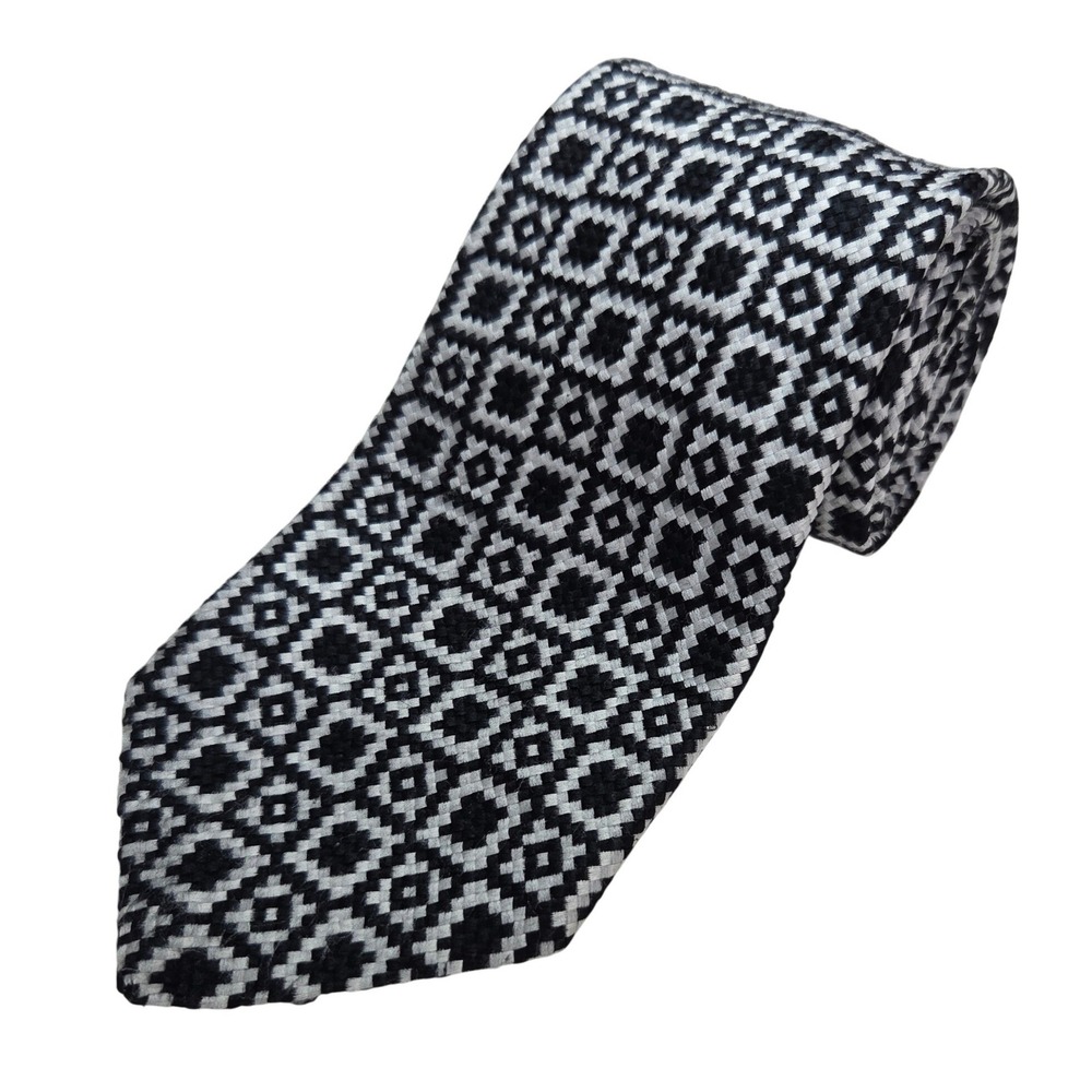 Wembley Wemlon Mens Tie Black‎ White Geometric Diamond Woven Vintage Necktie